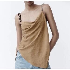 NWT Zara Cami Top Womens XS Camel Brown Draped Cowl Neck Asymmetric Tie Back Boh